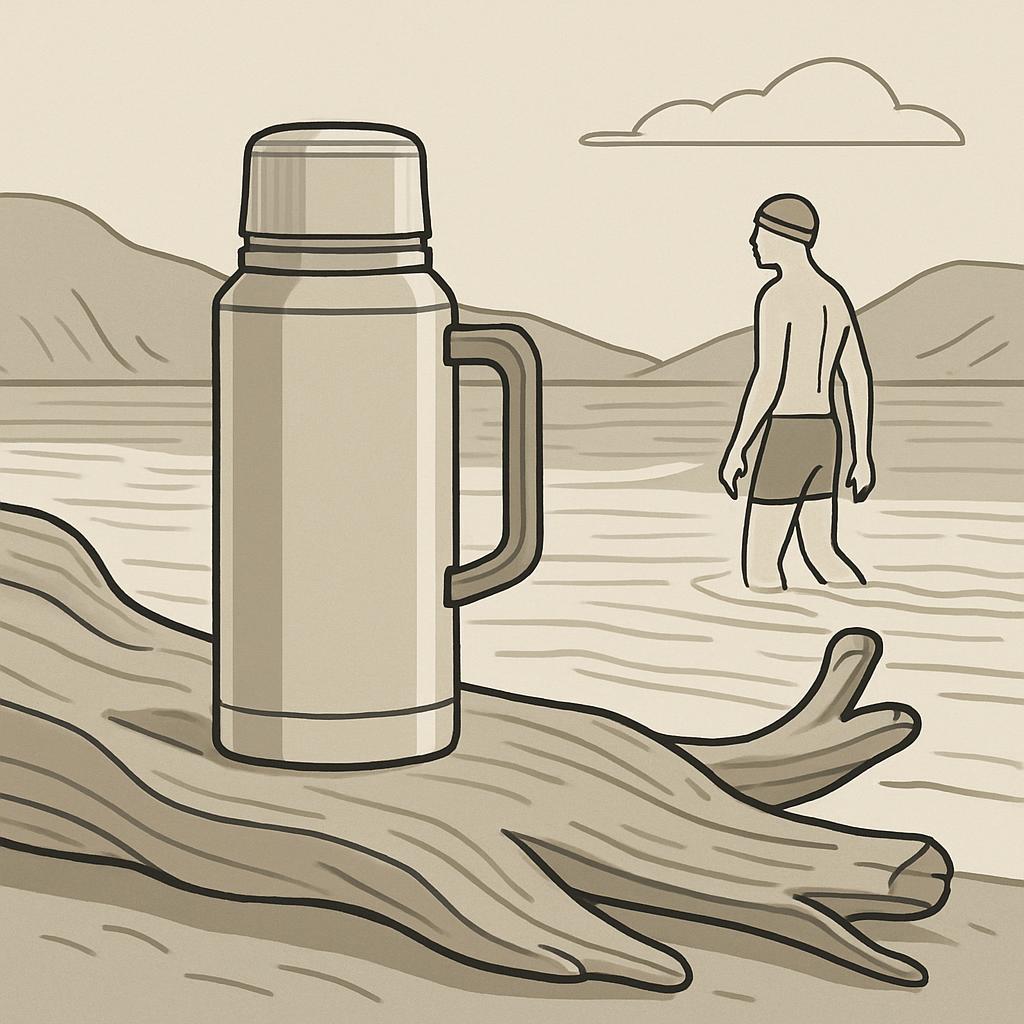 Handcrafted doodle thermos in desert while man walks, balanced light drawing with outlines, simple yet vibrant, thermos on...