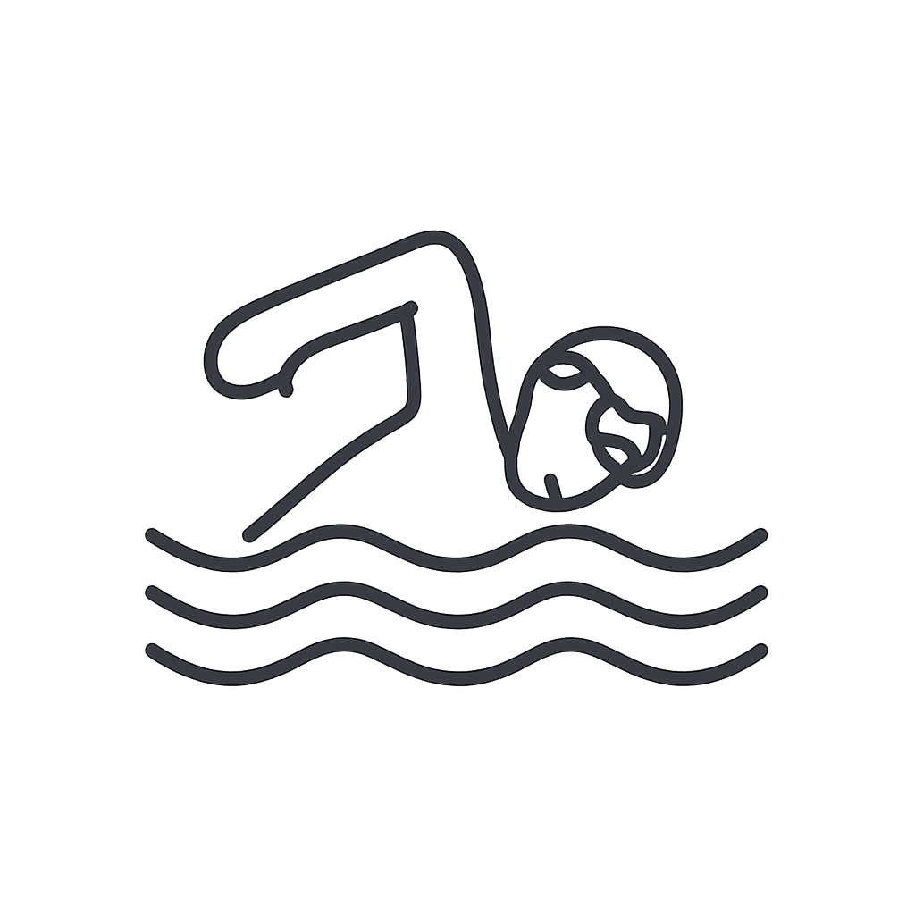 A simple icon of a swimmer in the water.